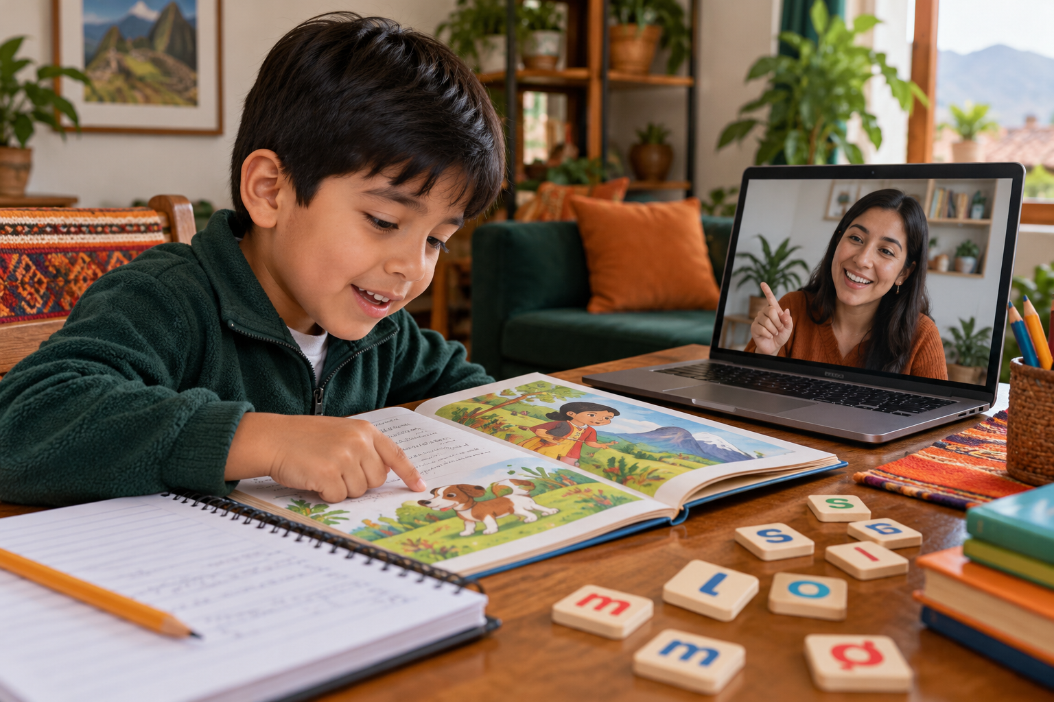 Imagen ilustrativa: Un niño practica lectura y escritura en casa con un libro y una profesora por videollamada