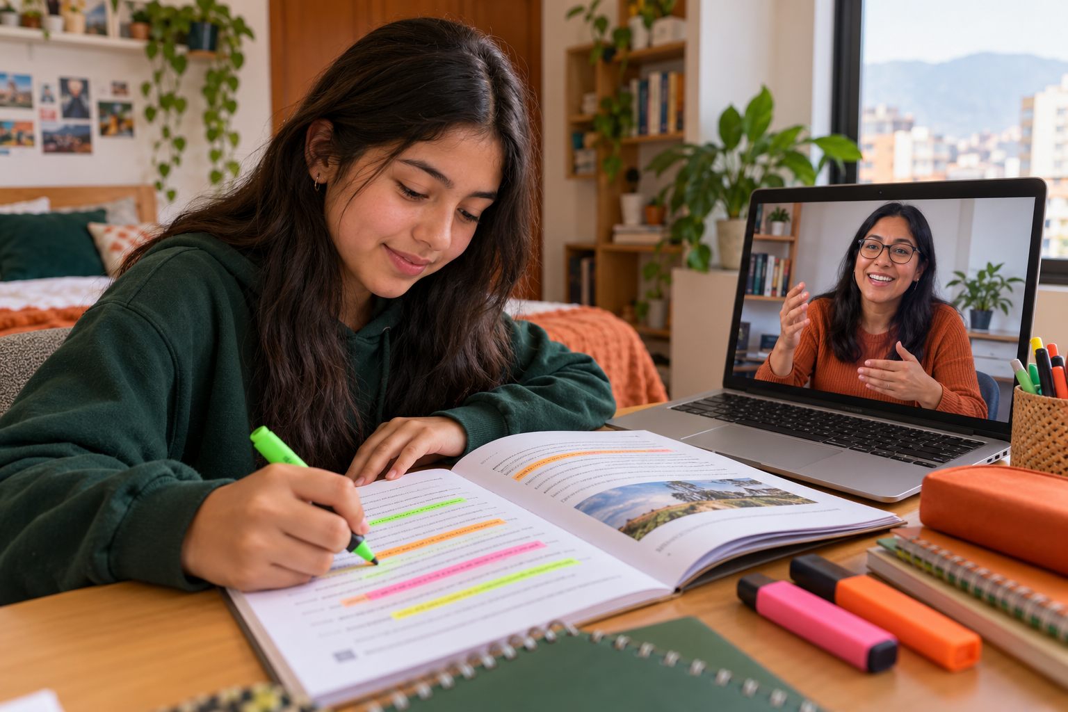 Imagen ilustrativa: Una adolescente practica comprensión de textos y gramática con una clase virtual
