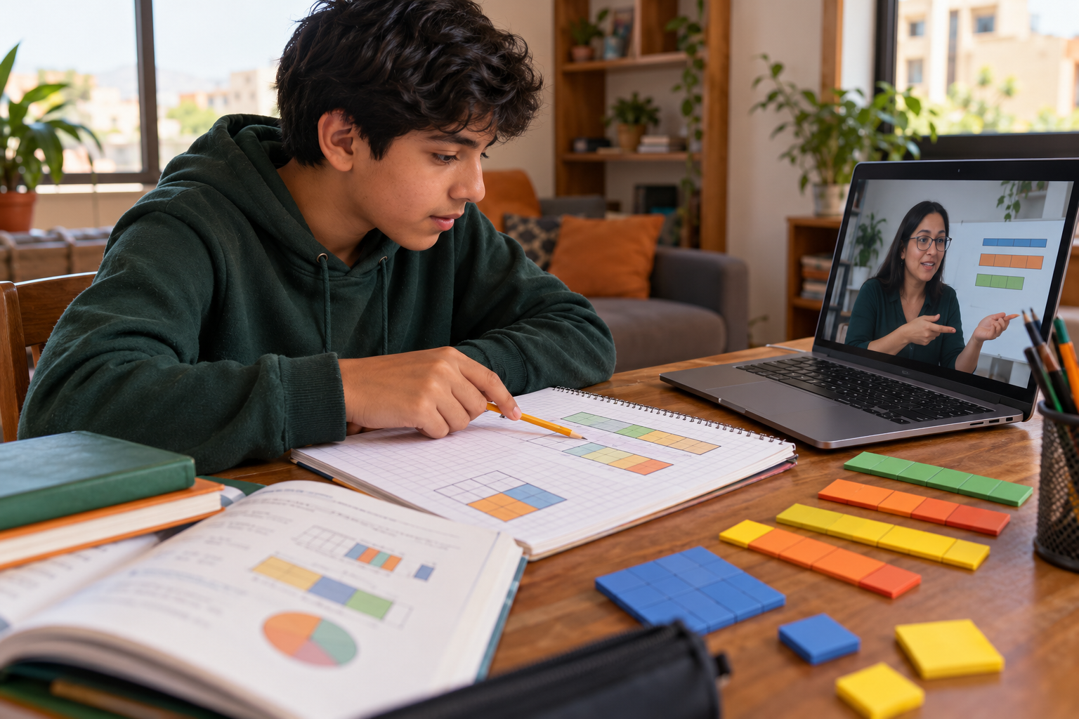 Imagen ilustrativa: Un adolescente practica matemática desde casa con modelos visuales y una clase por videollamada