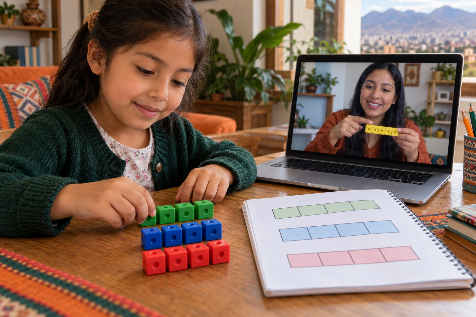 Imagen ilustrativa: Una niña aprende matemática desde casa con cubos, modelos de barras y una profesora en pantalla